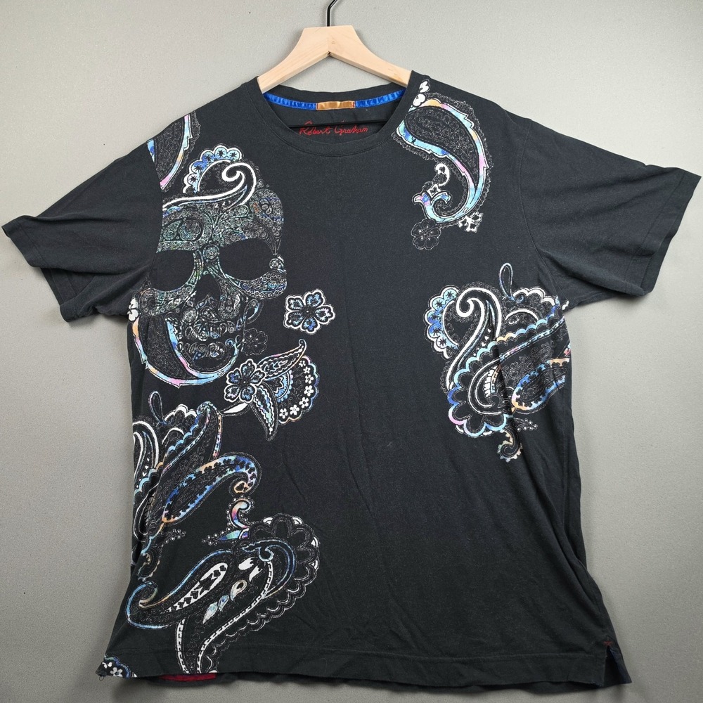 Robert Graham T-Shirt Mens Large Black Paisley Skull Graphic Tee Designer Cotton